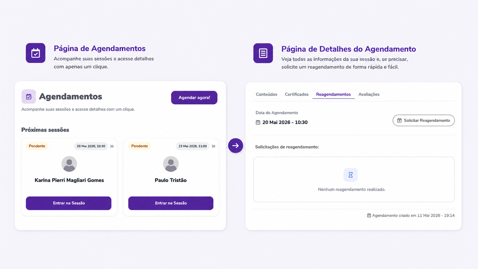 Menu Agendamentos com a opção de reagendamento